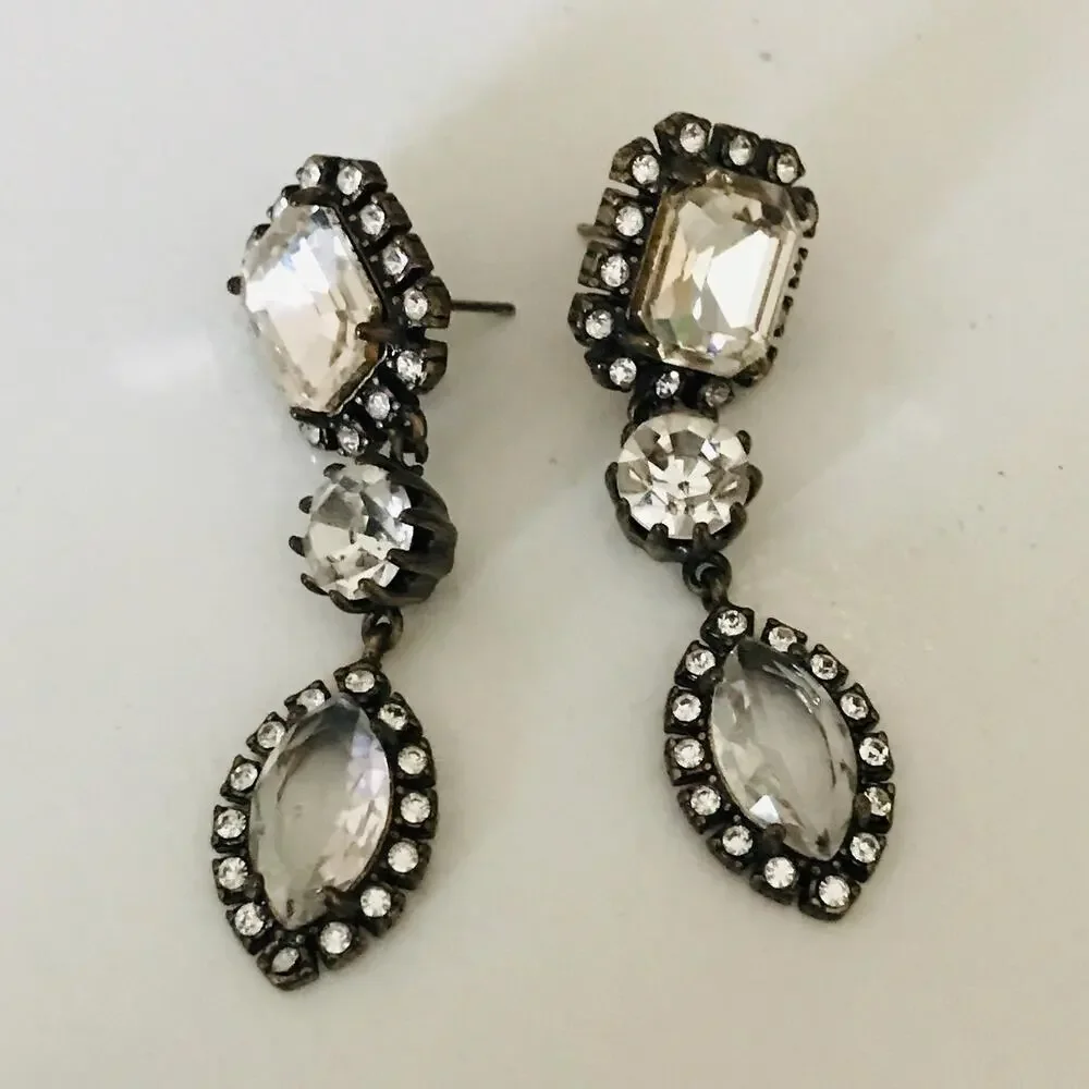 J. Crew Three Tier Drop Earrings: Clear Stones- Dark Antique Gold Tone metal